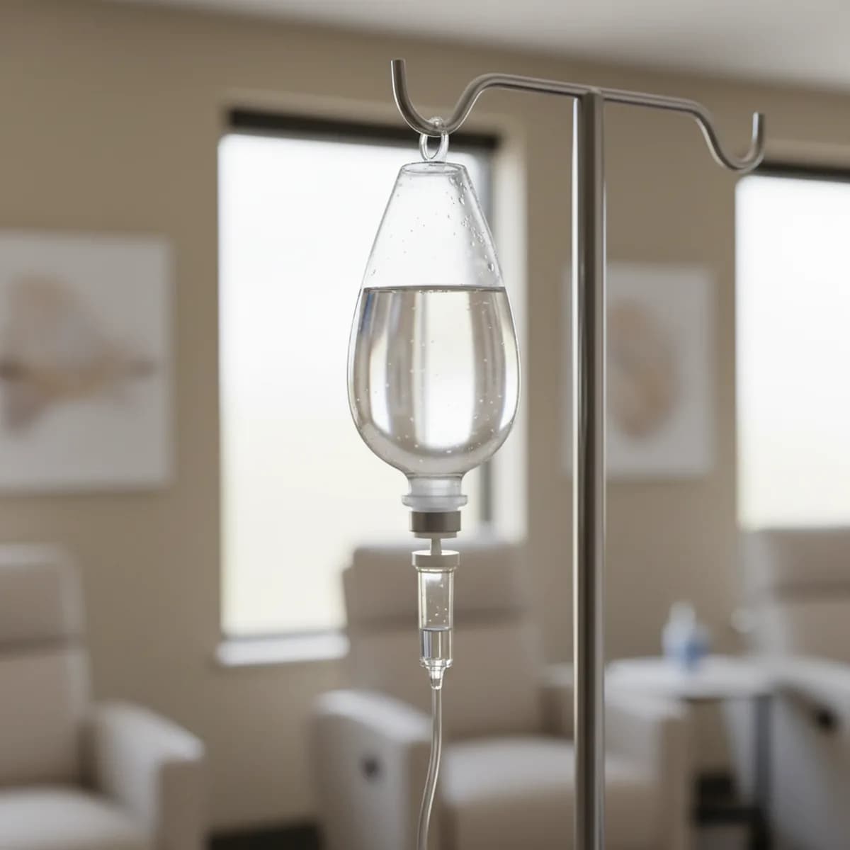Medizinischer Infusionsständer mit klarem Infusionsbeutel in einer ruhigen modernen Praxis