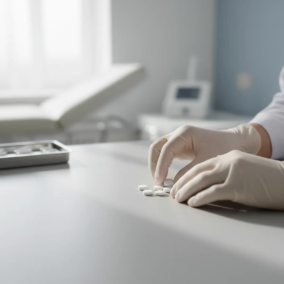 Arztshände legen weiße Tabletten auf eine saubere, helle medizinische Oberfläche in einer modernen Praxis.
