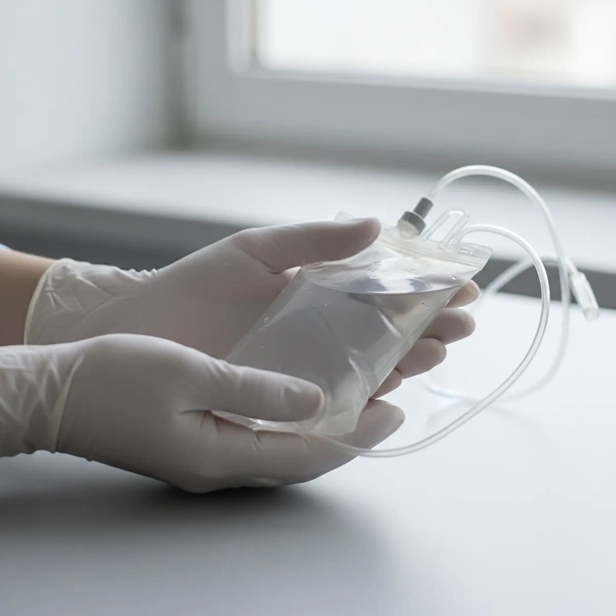 Nahaufnahme von behandschuhten Händen, die einen transparenten Infusionsbeutel mit klarer Flüssigkeit und medizinischem Schlauch halten – symbolisch für eine intravenöse Chelat-Therapie in einer klinischen Umgebung.